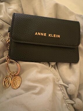 Anne Klein Black Pebbled Leather Card Case with Gold Charm Accents